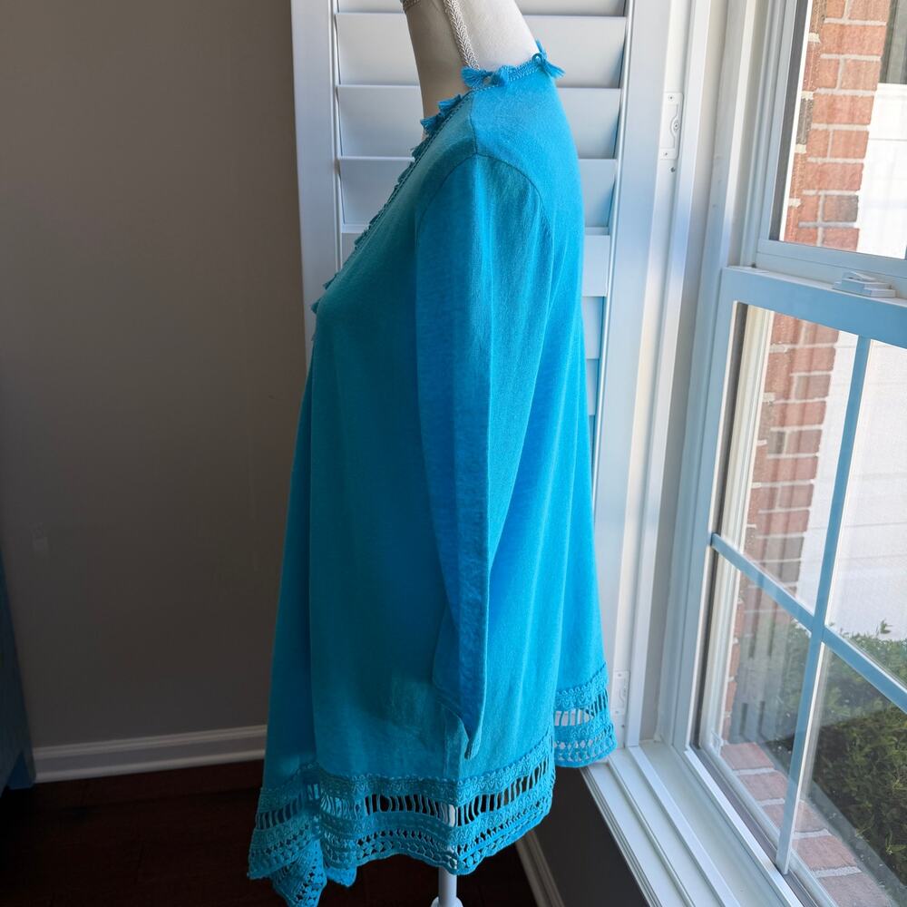 CHICO'S Blue Linen Blend Tassel Trim Open Front Cardigan Boho Sweater Size 1 - Picture 5 of 12